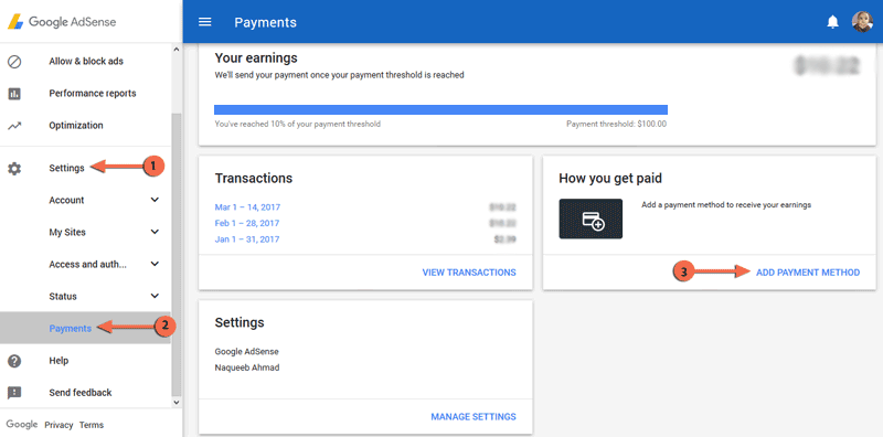 Add payment method for adsense