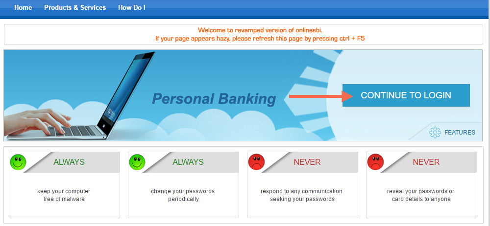 SBI Personal banking user continue login