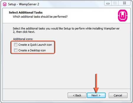 Select Additional tasks to Wamp Server