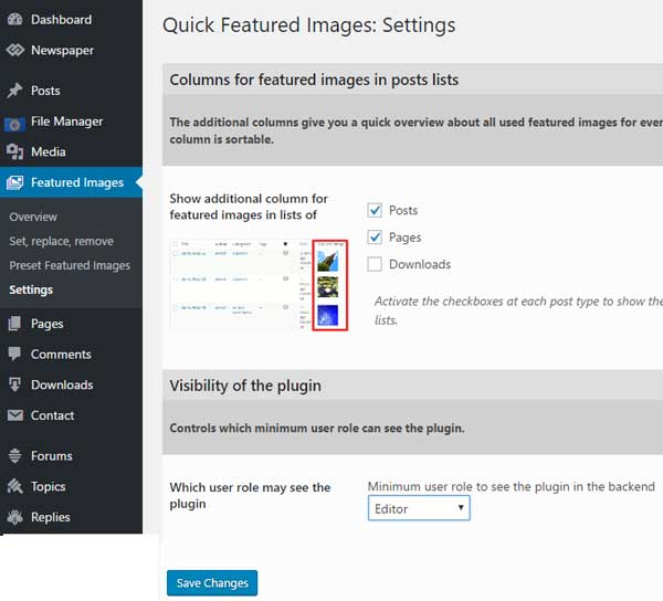 Quick Featured Images Settings