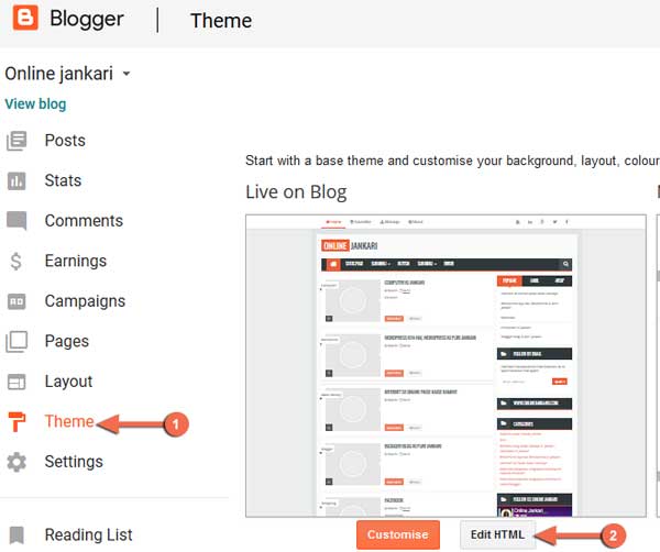 blogger template edit karne ke liye Edit HTML par click kare