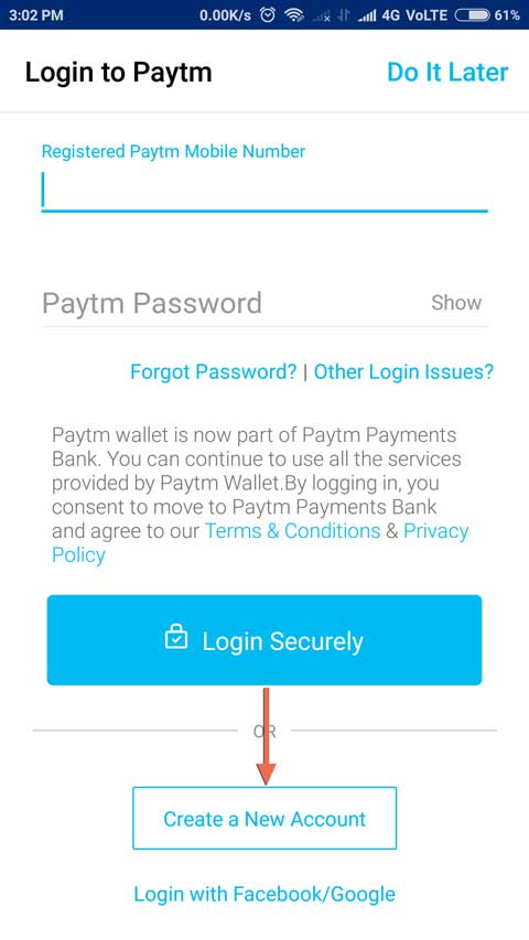 Create a new account in paytm