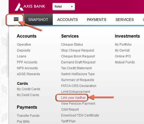 Link aadhar card to Axis bank