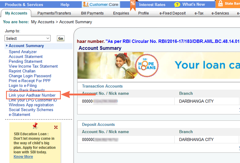 Link your Aadhar card to SBI Bank account