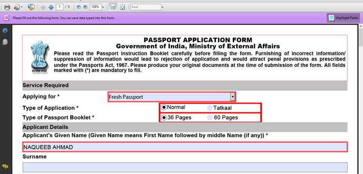 passport application form online