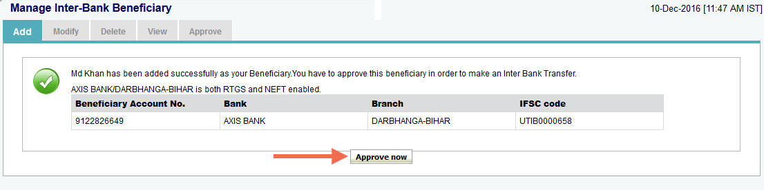 SBI Beneficiary account Approve