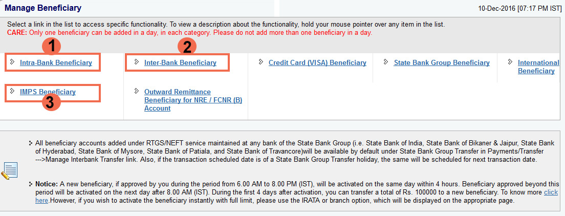 online sbi manage beneficiary