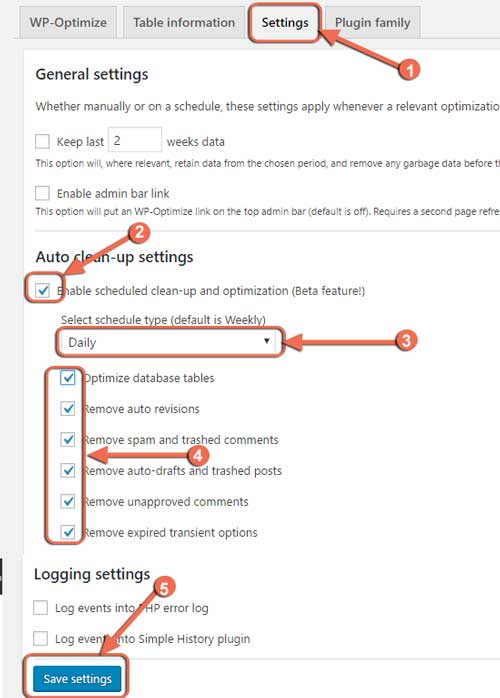 WP Cleanup settings