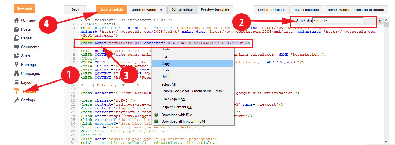 Bing webmaster verify to blogger