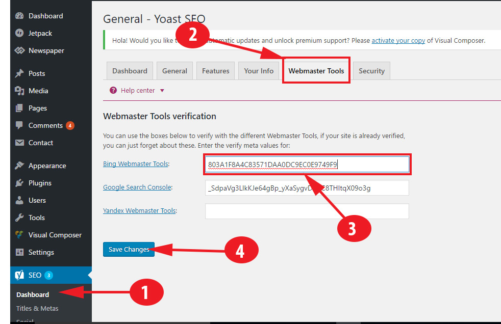 Bing webmaster verify to wordpress