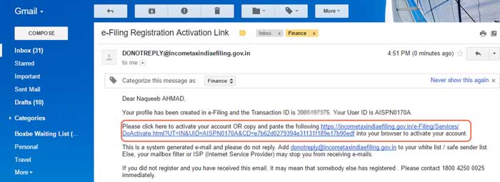 e-filing registration activation link