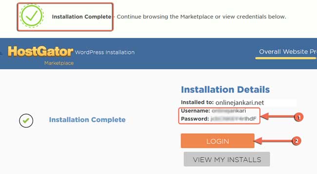 hostgator webserver  wordpress installation complete
