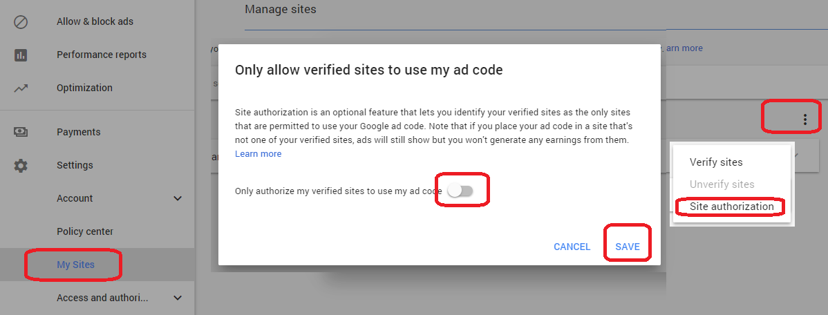 Only authorize my verified sites to use my ad code