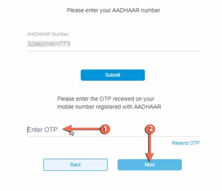 Enter OTP Received your Mobile number Registered with aadhaar