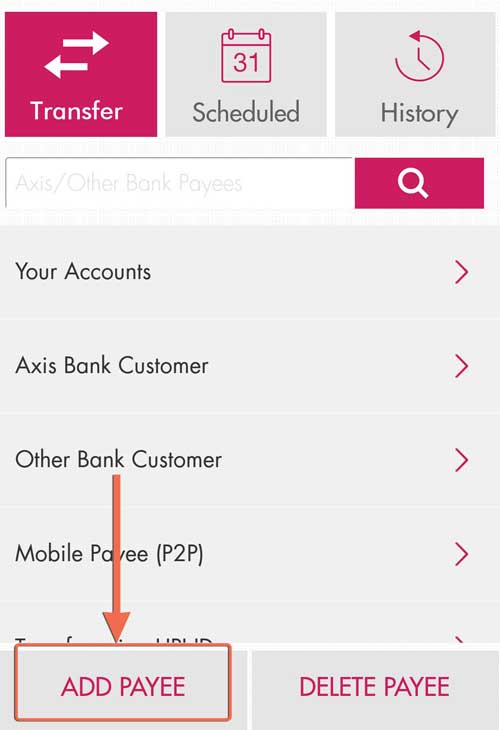 Add Payee in axis mobile