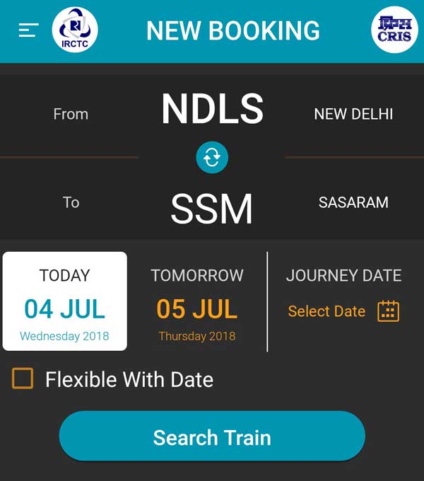 IRCTC app ticket Booking page