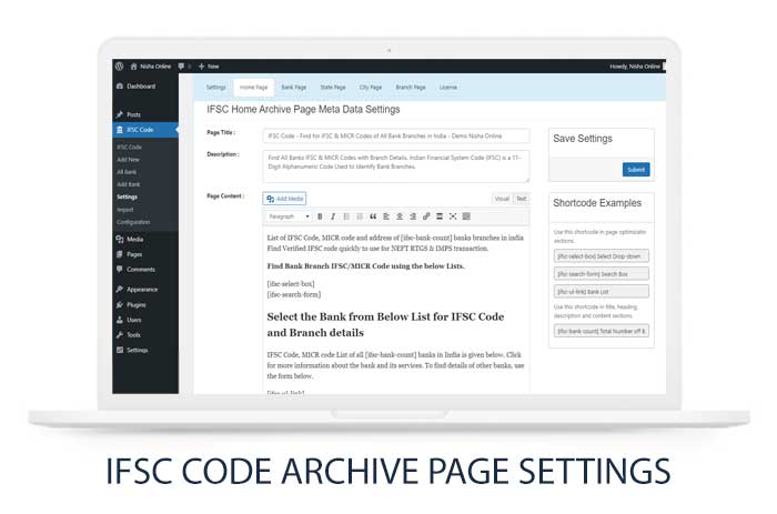 IFSC Code Page Settings